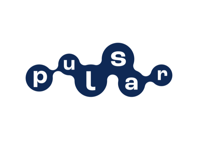 Logo składające się z 6 połączonych okręgów na grantawym tle zawierających w sobie pojedyńcze litery projektu pulsar